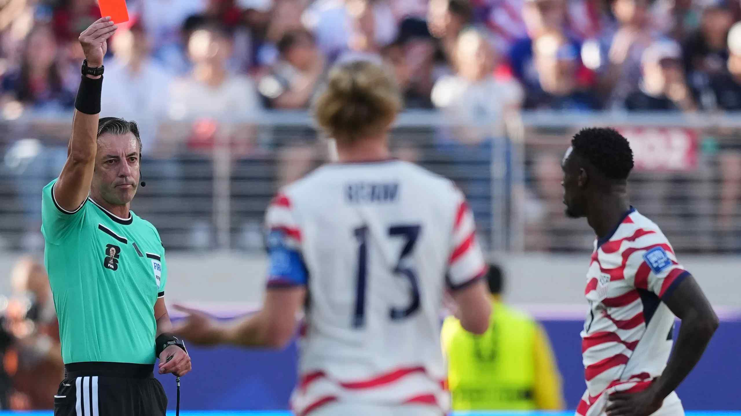 Folarin Balogun being showed a red card.